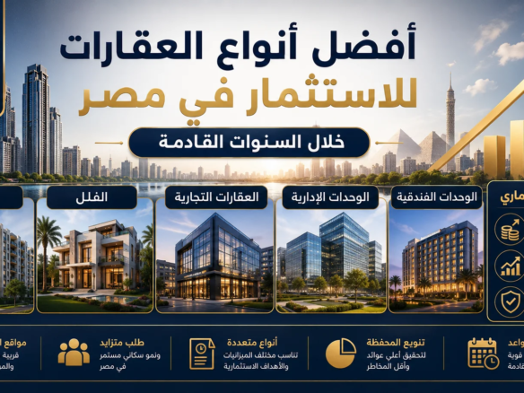 أفضل أنواع العقارات للاستثمار في مصر، مع مقارنة بين الشقق، والفلل، والعقارات التجارية، والوحدات الإدارية والفندقية، وشرح العوامل التي تؤثر في العائد الاستثماري