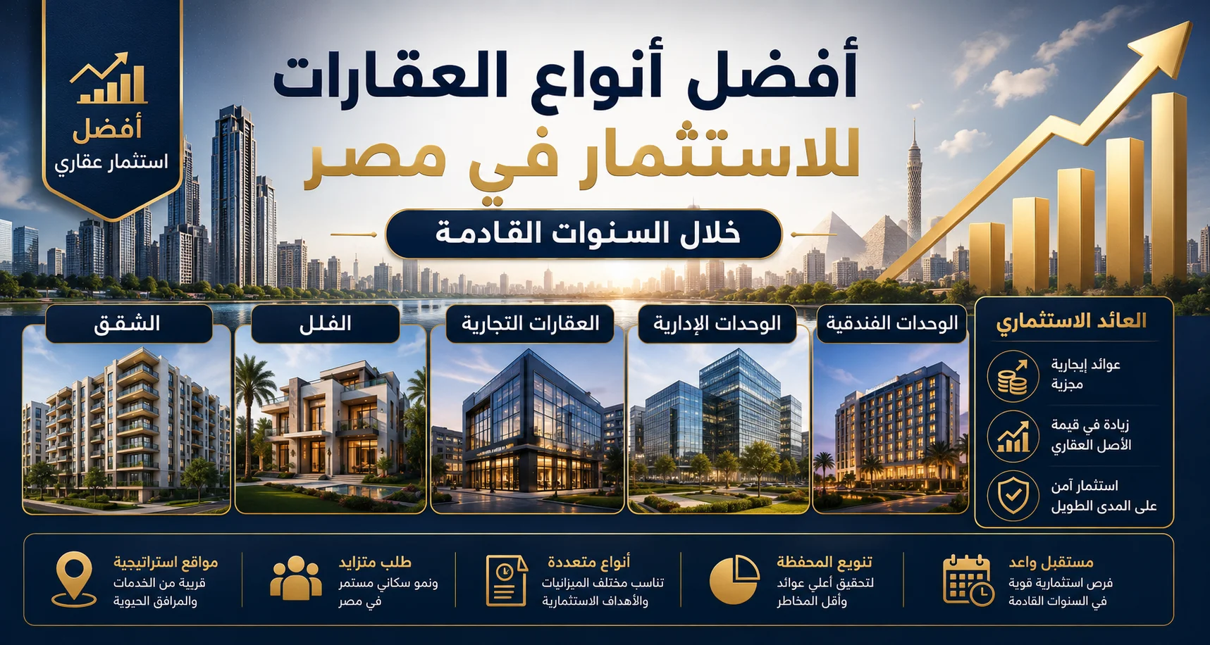 أفضل أنواع العقارات للاستثمار في مصر، مع مقارنة بين الشقق، والفلل، والعقارات التجارية، والوحدات الإدارية والفندقية، وشرح العوامل التي تؤثر في العائد الاستثماري