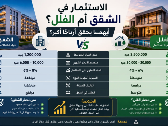 مقارنة بين الاستثمار في الشقق والفلل توضح تكلفة الشراء، العائد الاستثماري، دخل الإيجار، وتكاليف الصيانة لمساعدة المستثمرين في اختيار العقار الأكثر ربحية
