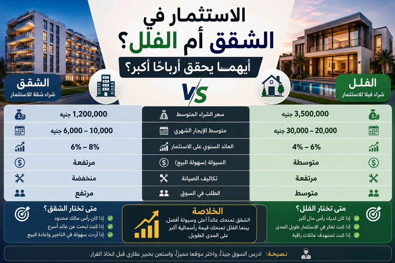 مقارنة بين الاستثمار في الشقق والفلل توضح تكلفة الشراء، العائد الاستثماري، دخل الإيجار، وتكاليف الصيانة لمساعدة المستثمرين في اختيار العقار الأكثر ربحية