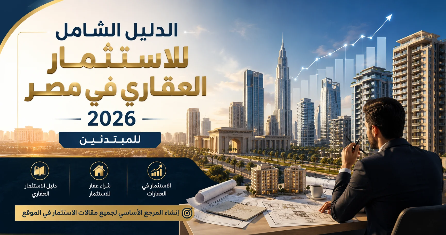 الاستثمار العقاري في مصر مع مشهد حديث لمبانٍ سكنية وتجارية ومستثمر يراجع مخططات عقارية ضمن الدليل الشامل للاستثمار العقاري في مصر 2026