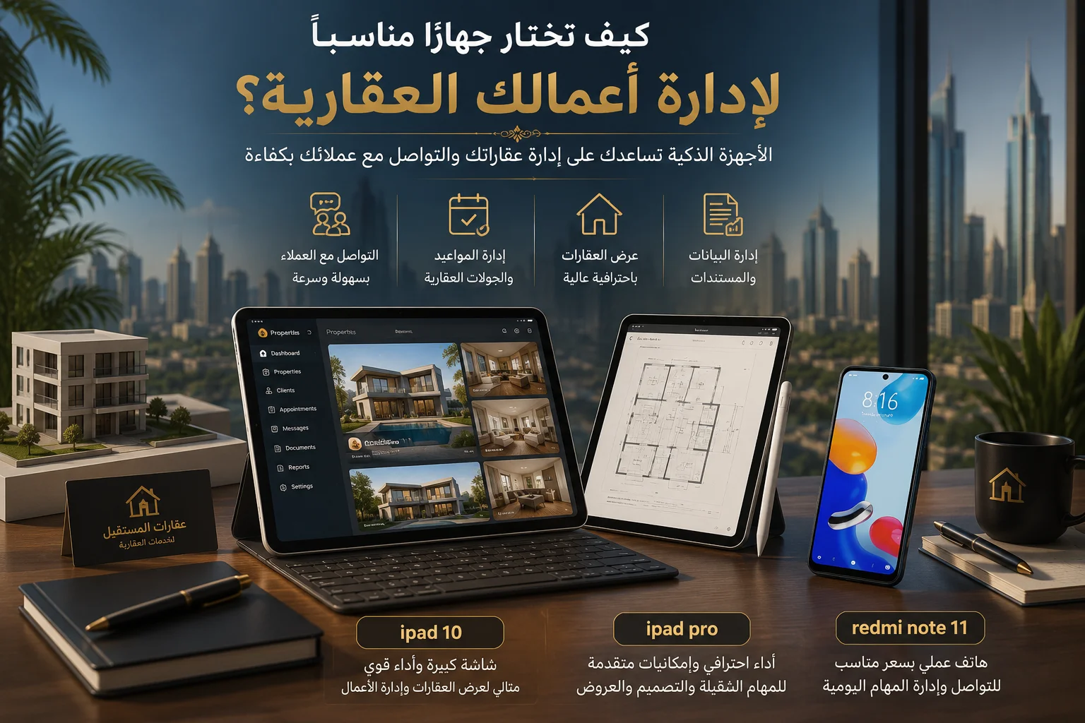 جهاز ipad 10 مع ipad pro و redmi note 11 لإدارة الأعمال العقارية والتواصل مع العملاء وتنظيم المواعيد وعرض العقارات.